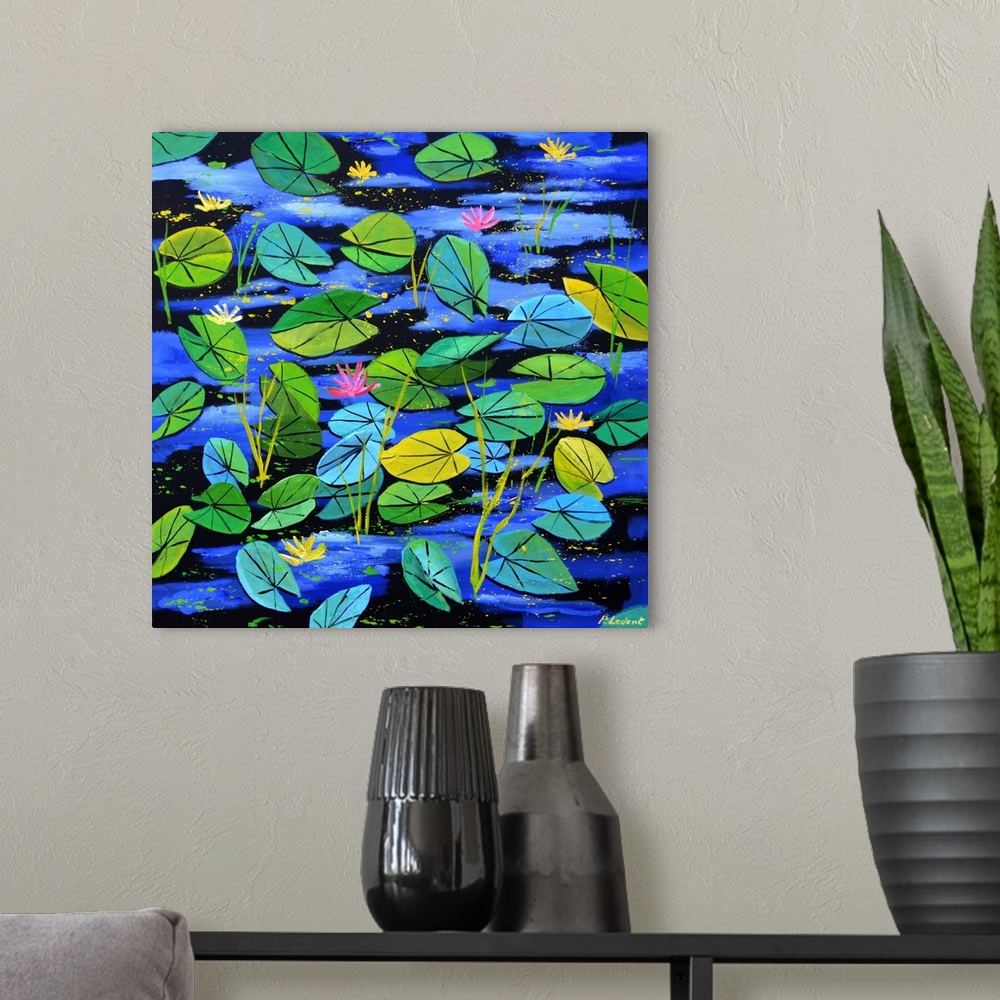 A modern room featuring Square painting with lily pads in shades of green and blue floating on the water with pink and ye...