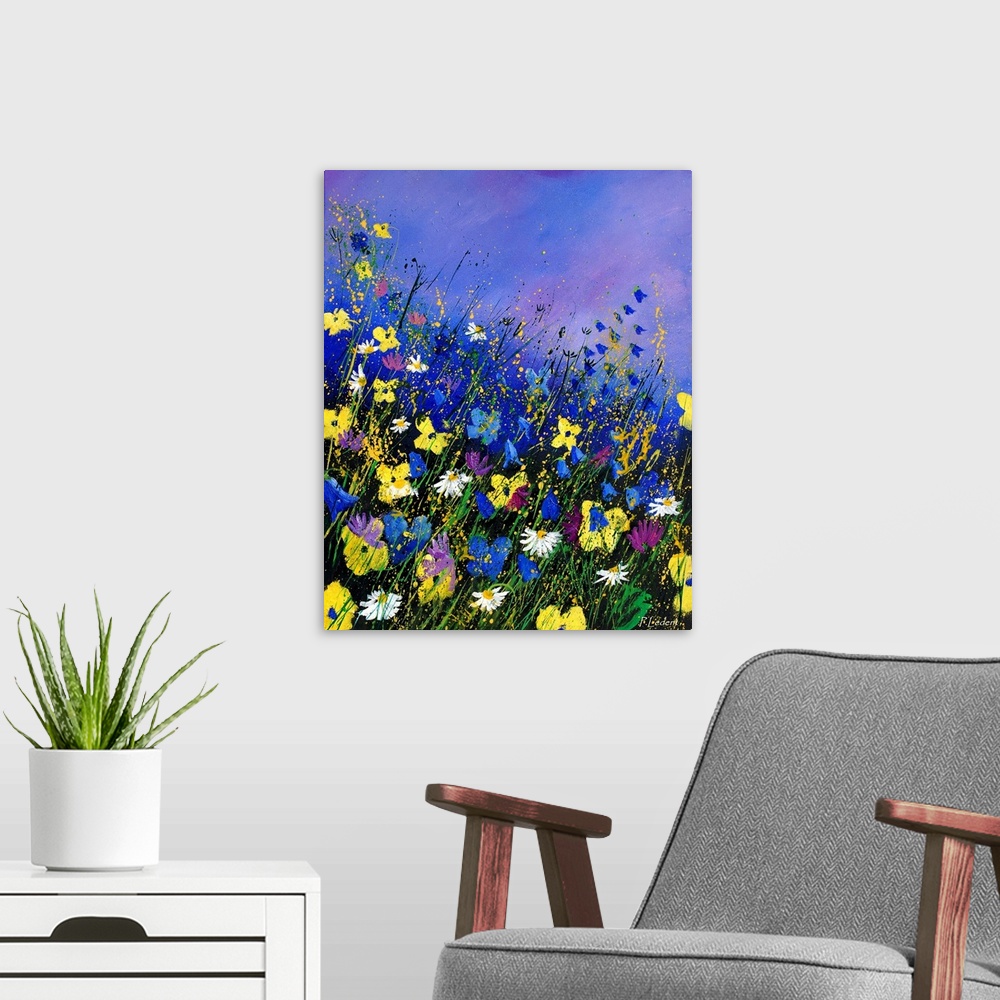 A modern room featuring Vertical painting of a field of wild flowers  with splatters of multi-color paint overlapping the...