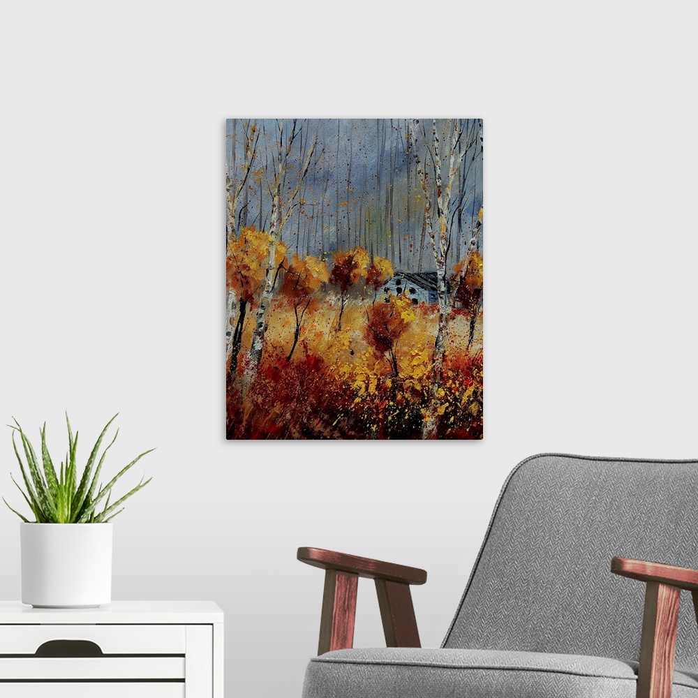 A modern room featuring Vertical painting of lively orange leaved  trees surrounding a small house on an autumn day.