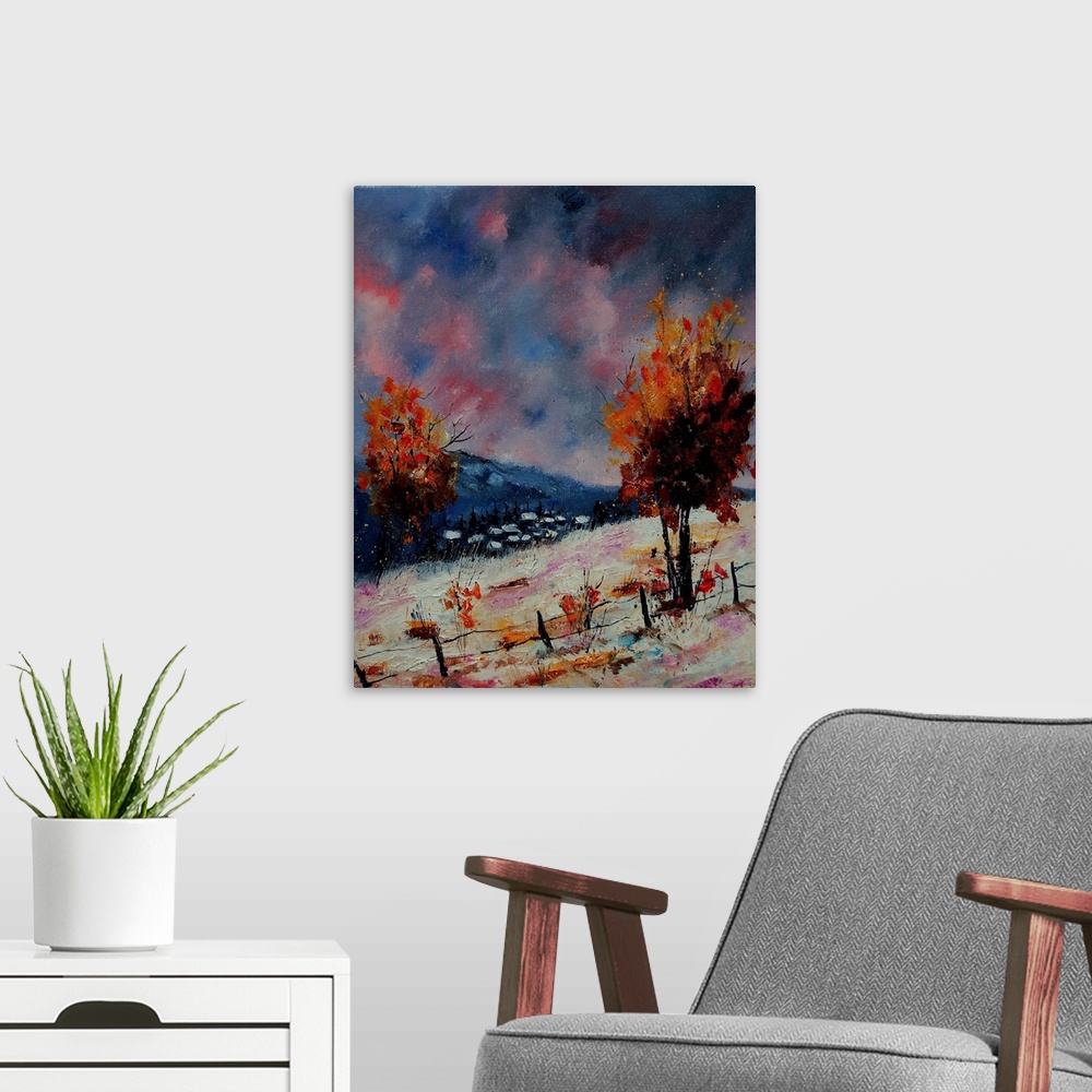 A modern room featuring Painting of a fenced snow cover field and vibrant red leaved trees with a pink and blue sky.