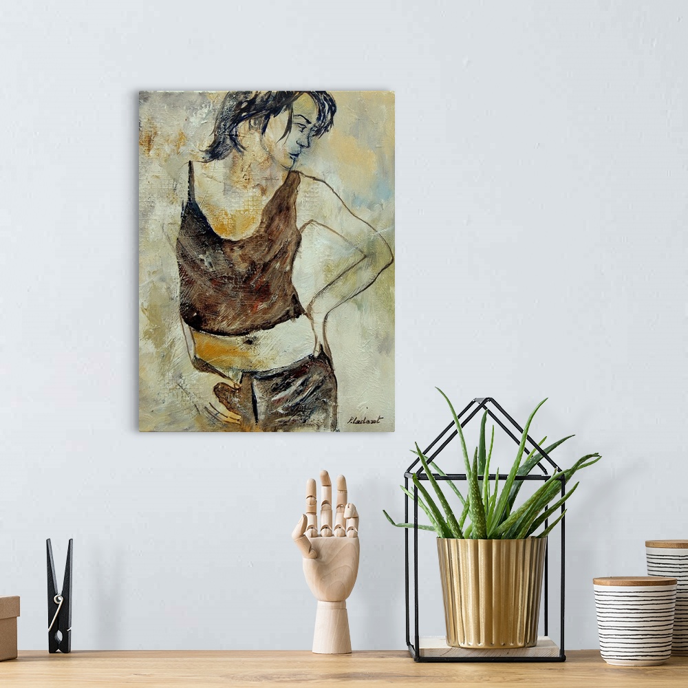 A bohemian room featuring A portrait of a woman standing with her hand on her hip, painted in textured neutral colors with ...