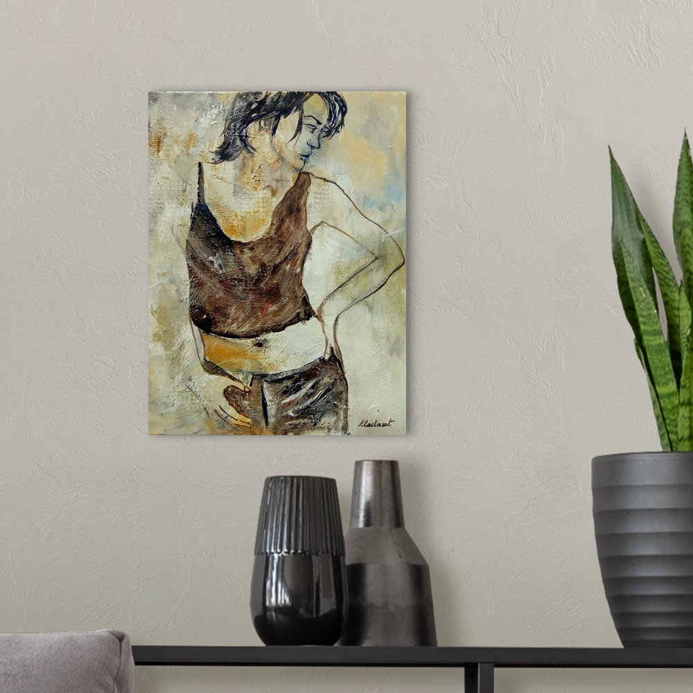 A modern room featuring A portrait of a woman standing with her hand on her hip, painted in textured neutral colors with ...