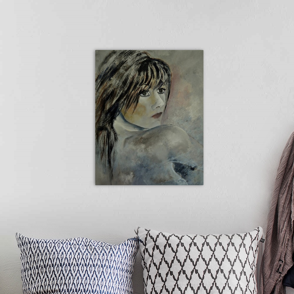 A bohemian room featuring A protrait of a woman looking over her shoulder, done in textured neutral tones.