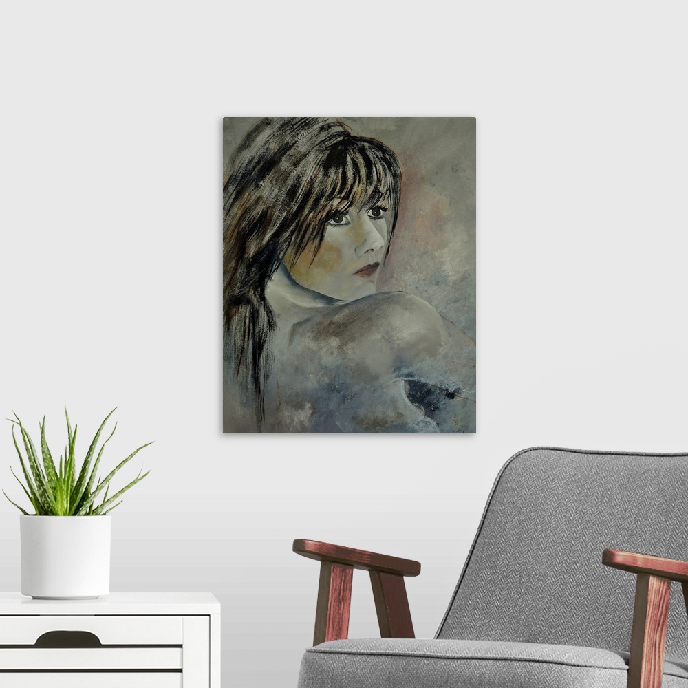 A modern room featuring A protrait of a woman looking over her shoulder, done in textured neutral tones.