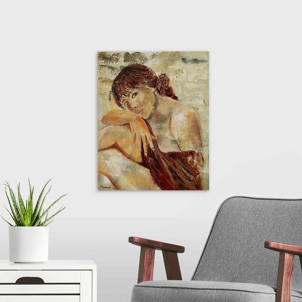 A modern room featuring A nude portrait of a woman sitting, painted in textured neutral colors.