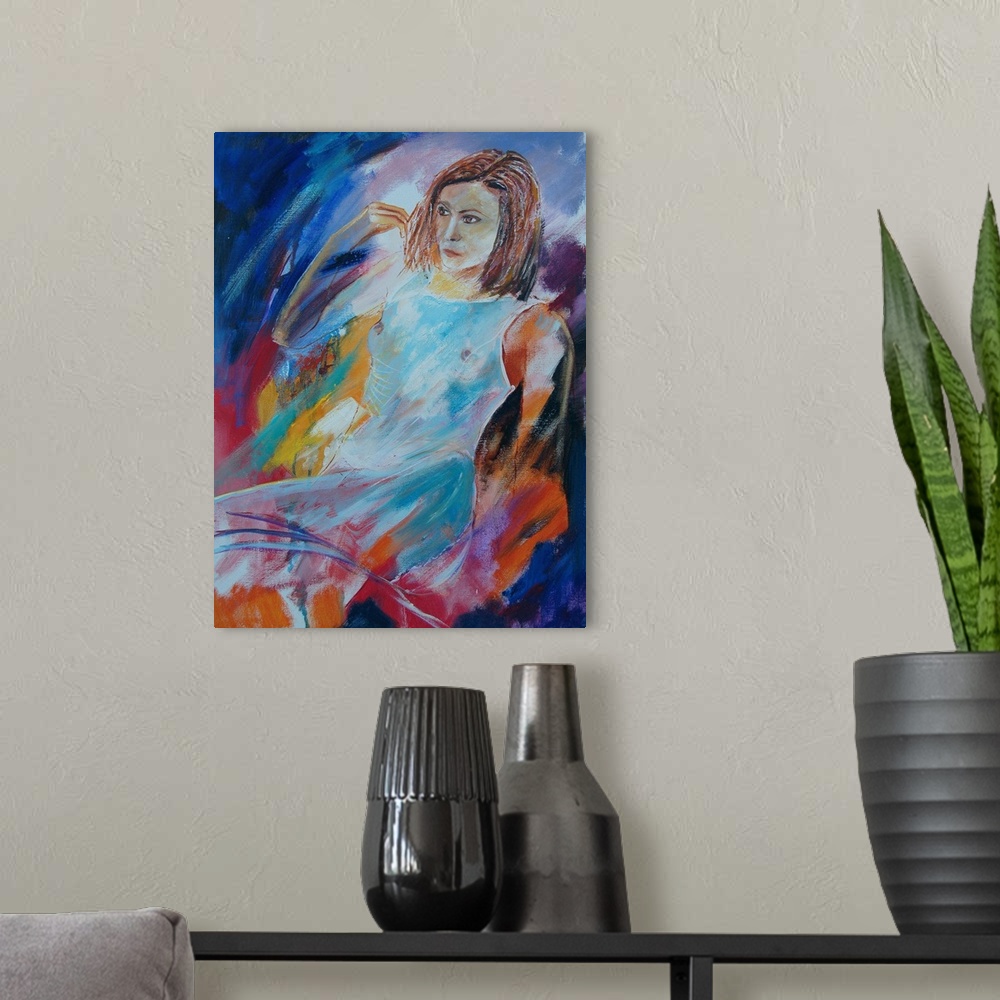 A modern room featuring A painting of a woman in white sitting, done in textured vibrant colors of orange, red, blue and ...
