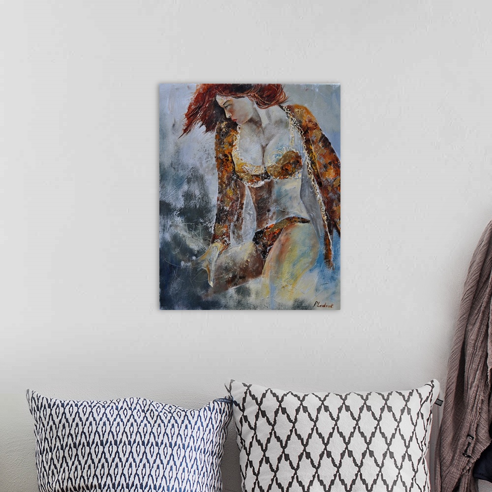 A bohemian room featuring A portrait of a woman wearing lingerie, looking over her shoulder, done in textured neutral tones.