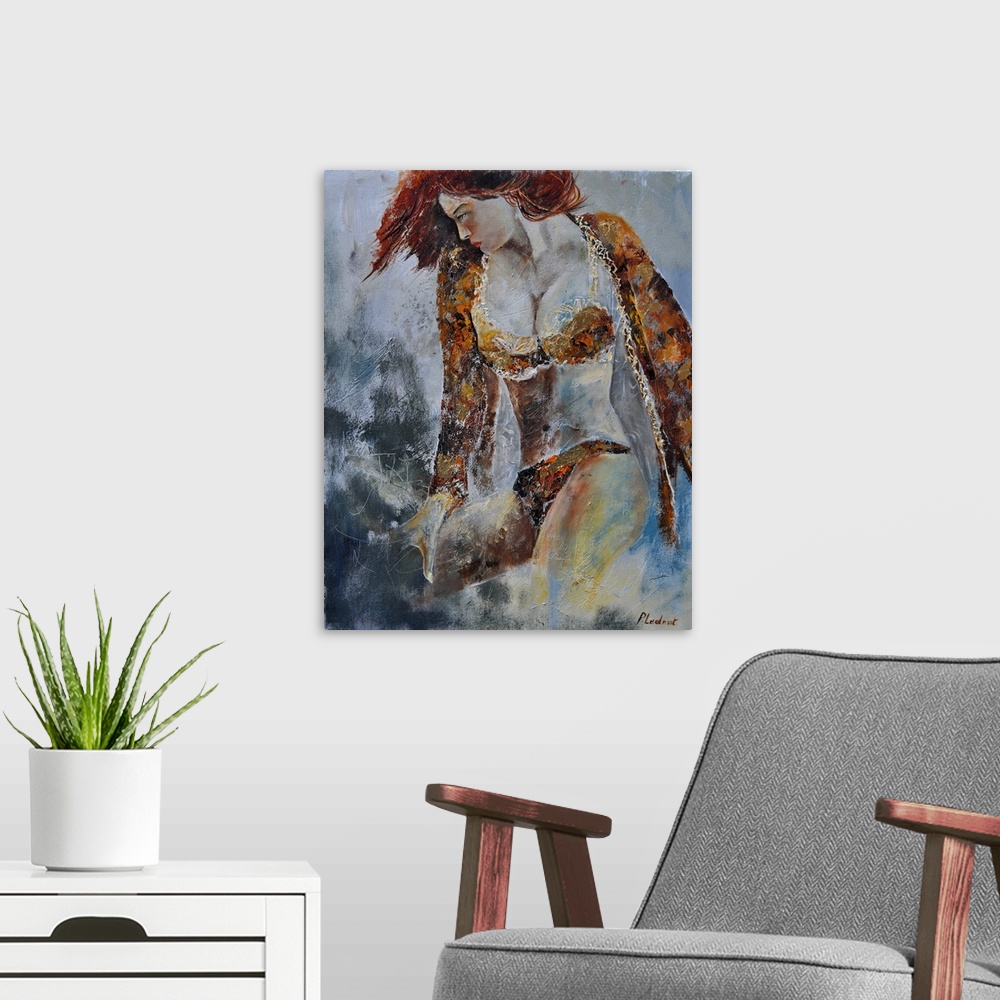 A modern room featuring A portrait of a woman wearing lingerie, looking over her shoulder, done in textured neutral tones.