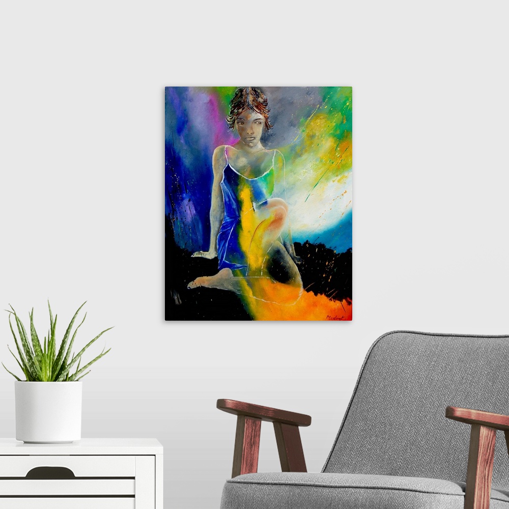 A modern room featuring A painting of a woman sitting in textured vibrant colors of orange, green, blue and yellow.