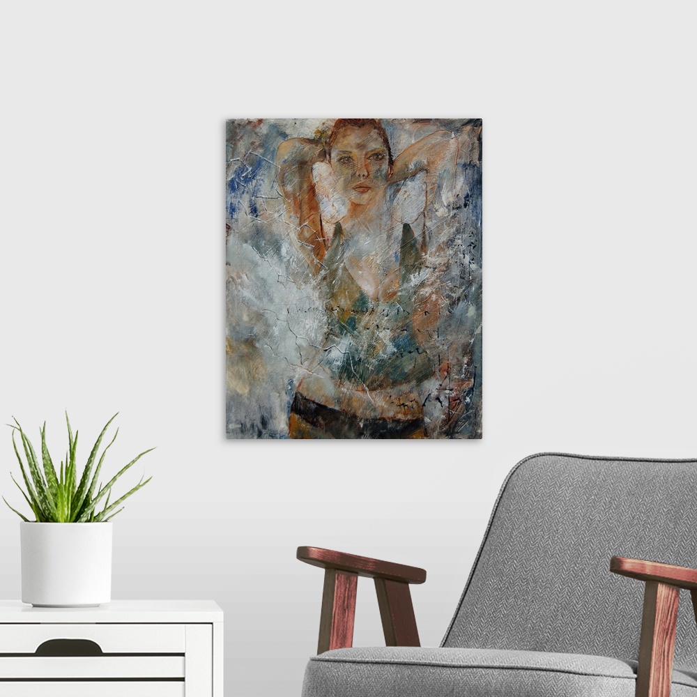 A modern room featuring A portrait of a woman painted in textured neutral colors.