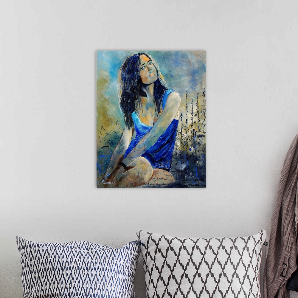 A bohemian room featuring A portrait of a woman in blue sitting next to wild flowers while looking up at something.