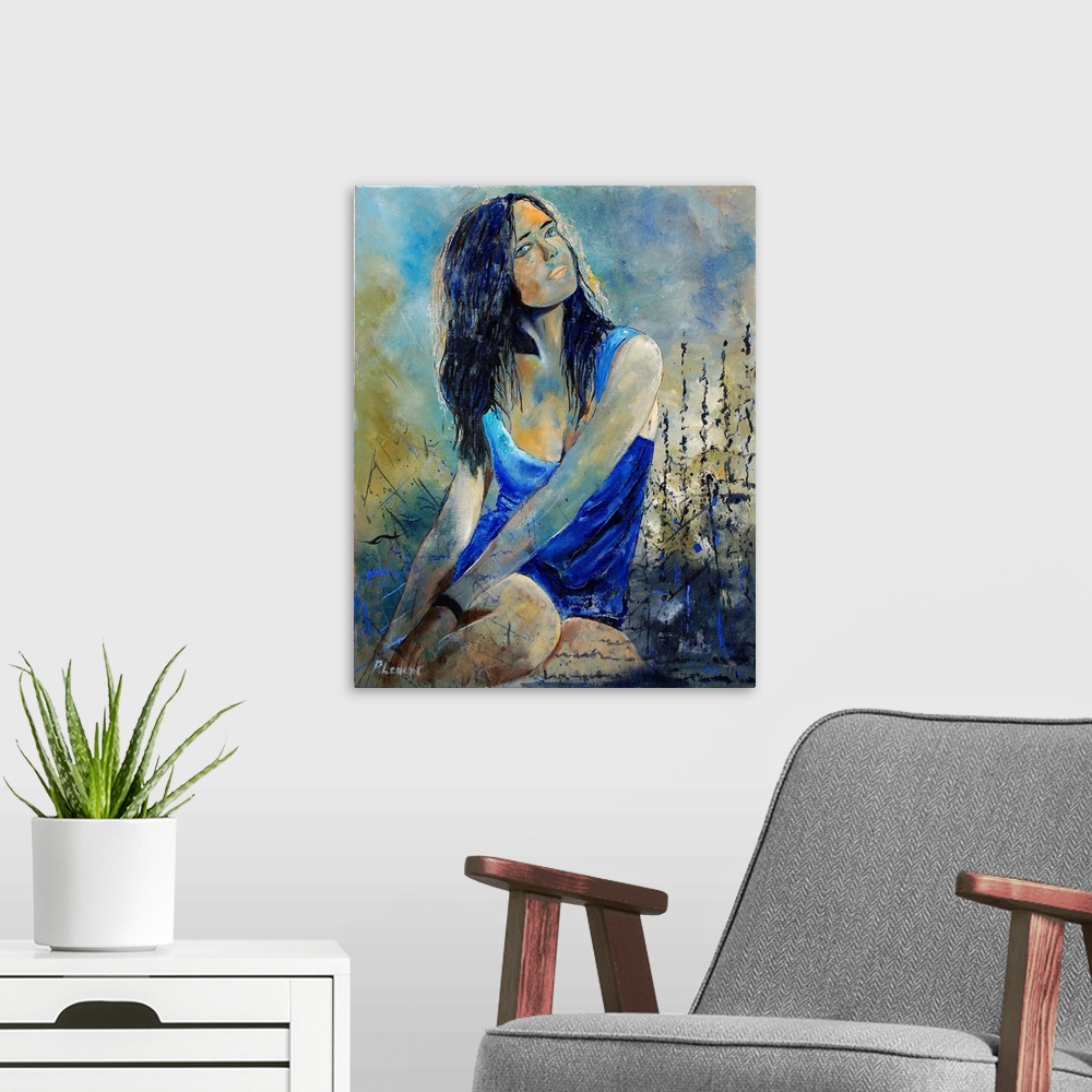 A modern room featuring A portrait of a woman in blue sitting next to wild flowers while looking up at something.