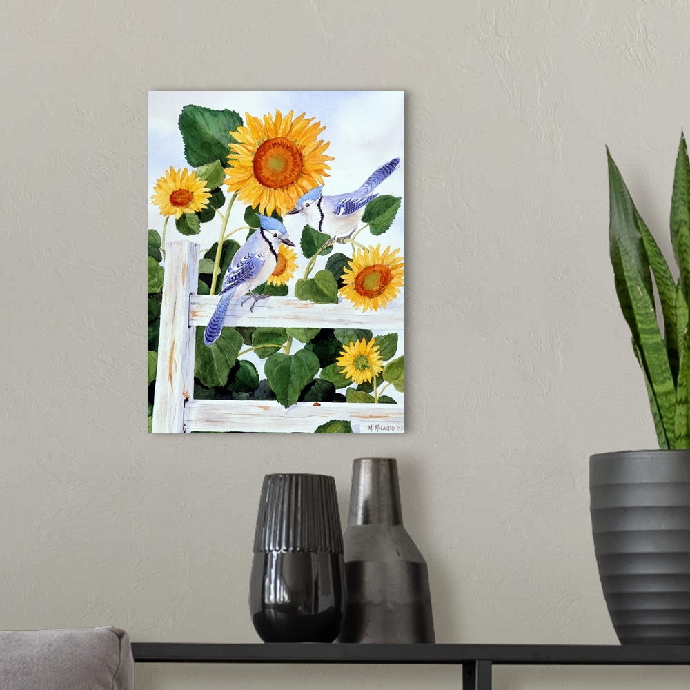 A modern room featuring Bluejays and Sunflowers