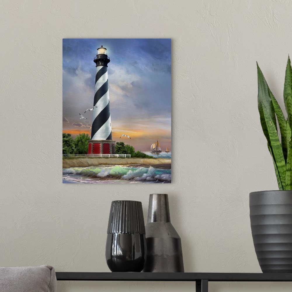 A modern room featuring Cape Hatteras Lighthouse