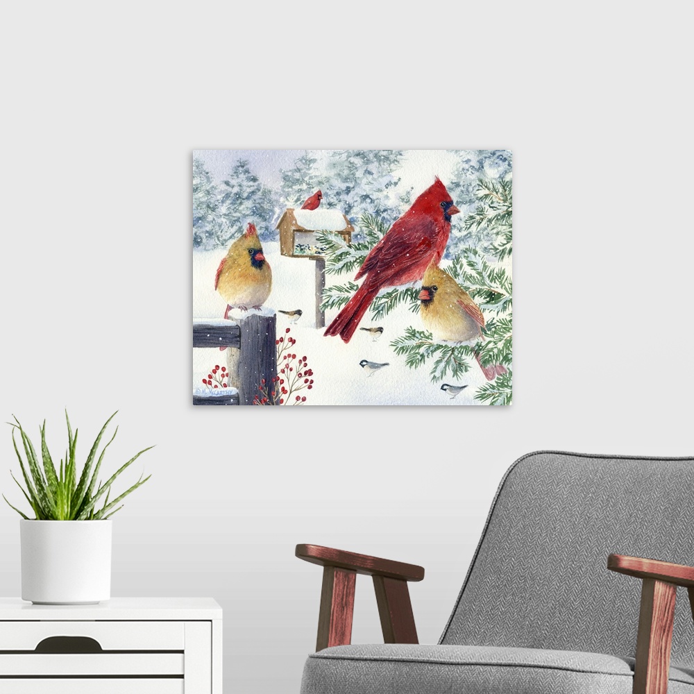 A modern room featuring Cardinals in Snow Flurry