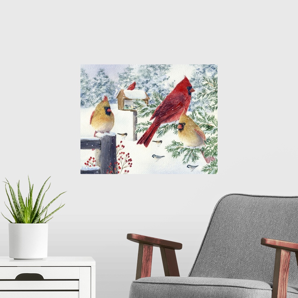 A modern room featuring Cardinals in Snow Flurry
