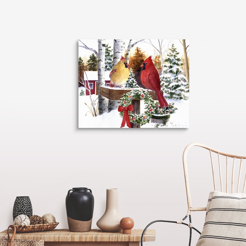 A farmhouse room featuring Christmas Cardinals