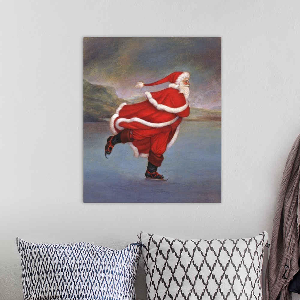 A bohemian room featuring Contemporary painting of Santa Claus ice skating on a frozen lake.