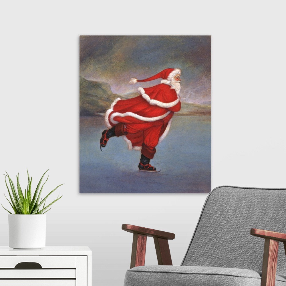 A modern room featuring Contemporary painting of Santa Claus ice skating on a frozen lake.