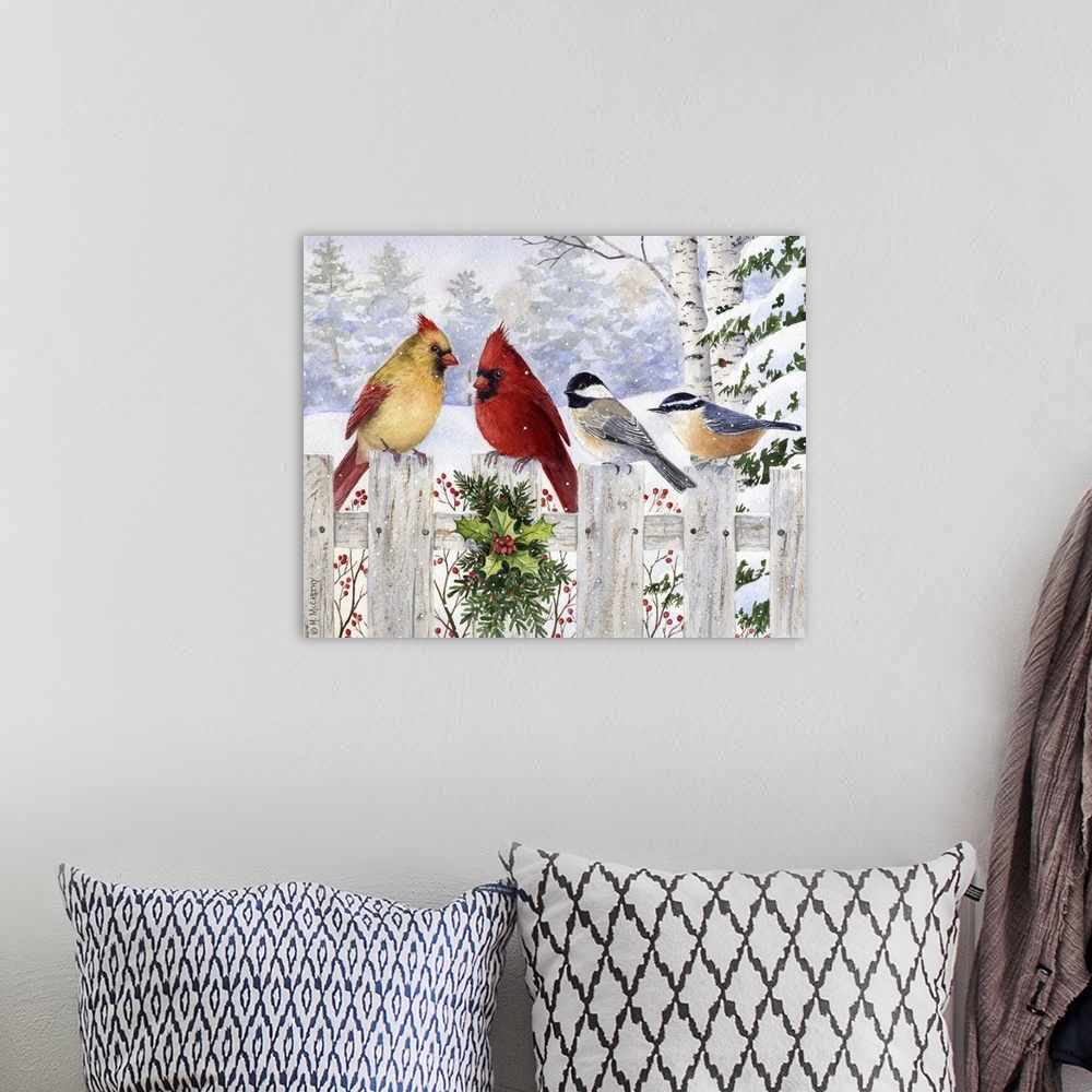 A bohemian room featuring A pair of cardinals, a chickadee, and a nuthatch perched on a wooden fence.