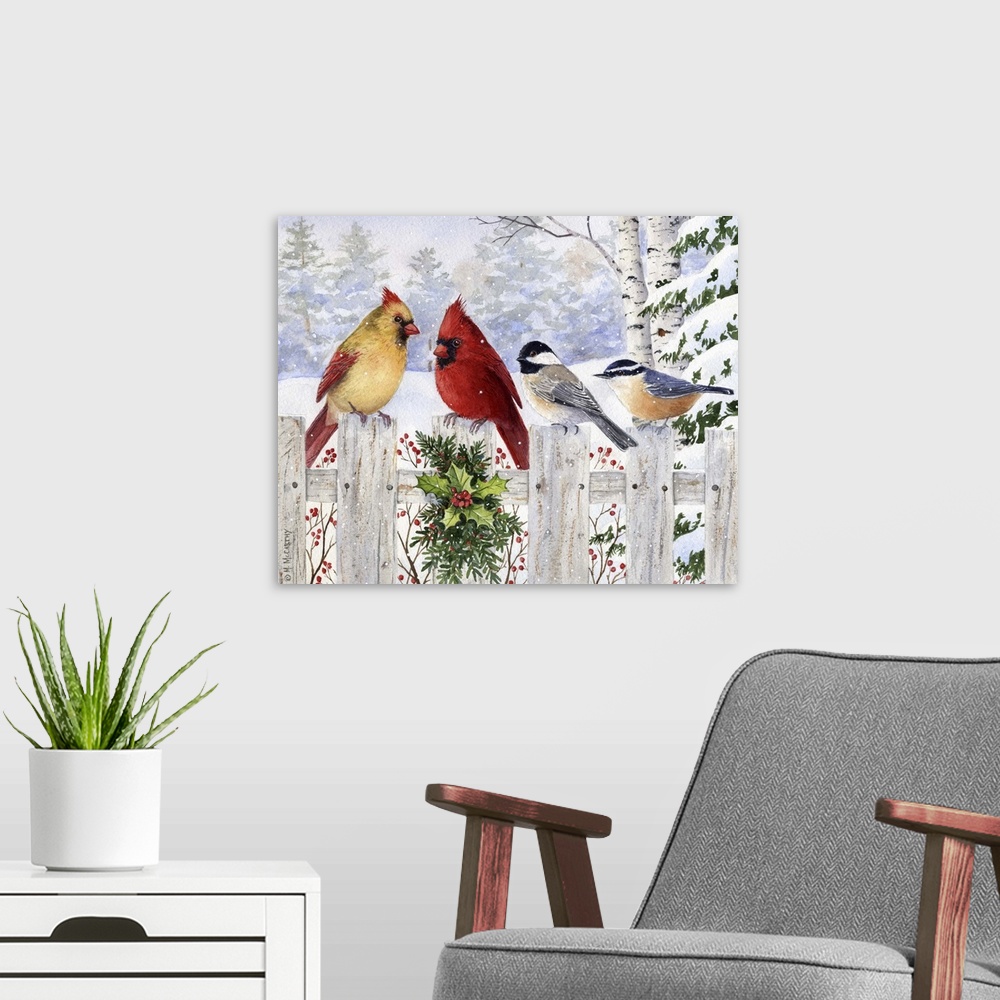 A modern room featuring A pair of cardinals, a chickadee, and a nuthatch perched on a wooden fence.