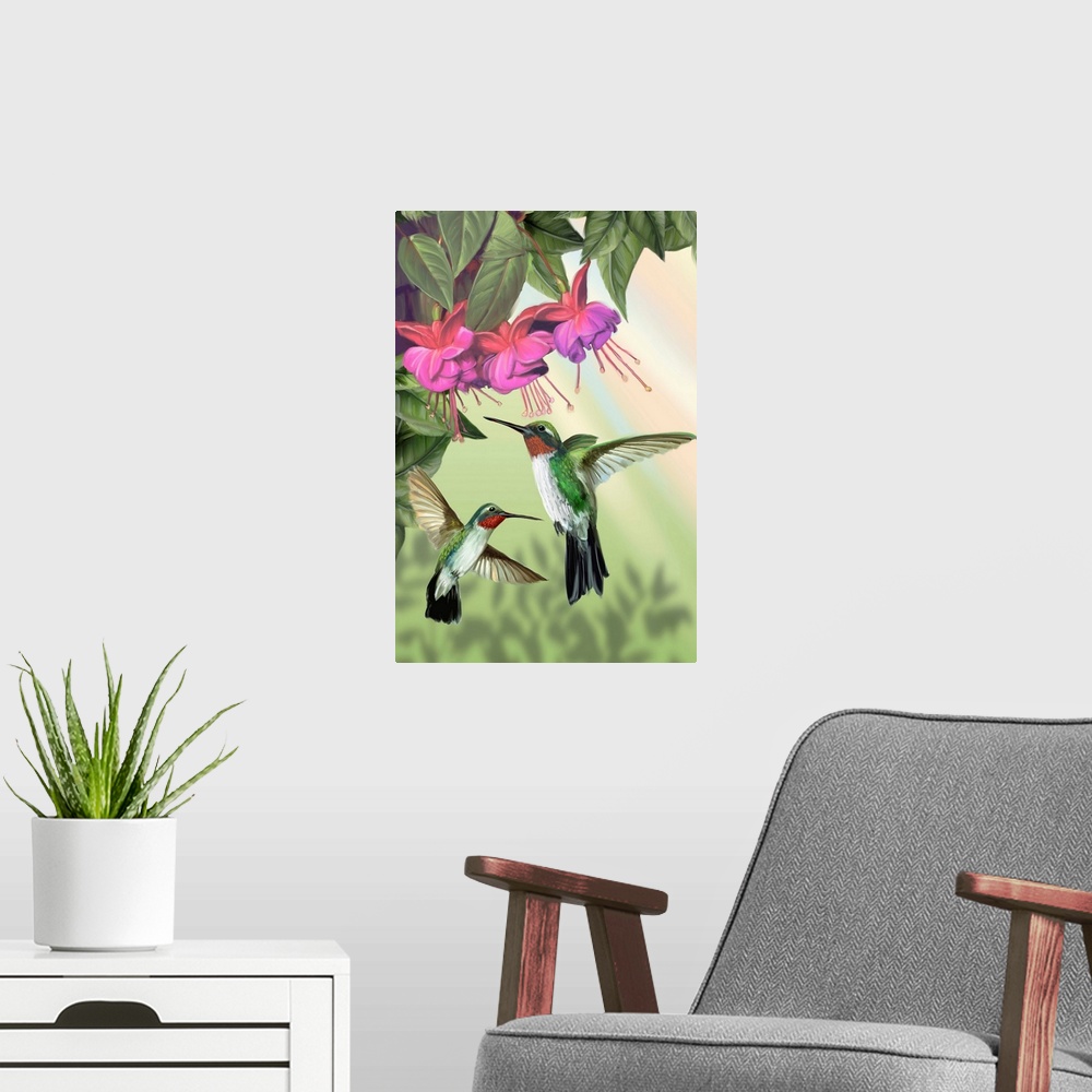 A modern room featuring Fuchsia and Hummingbirds - Vertical