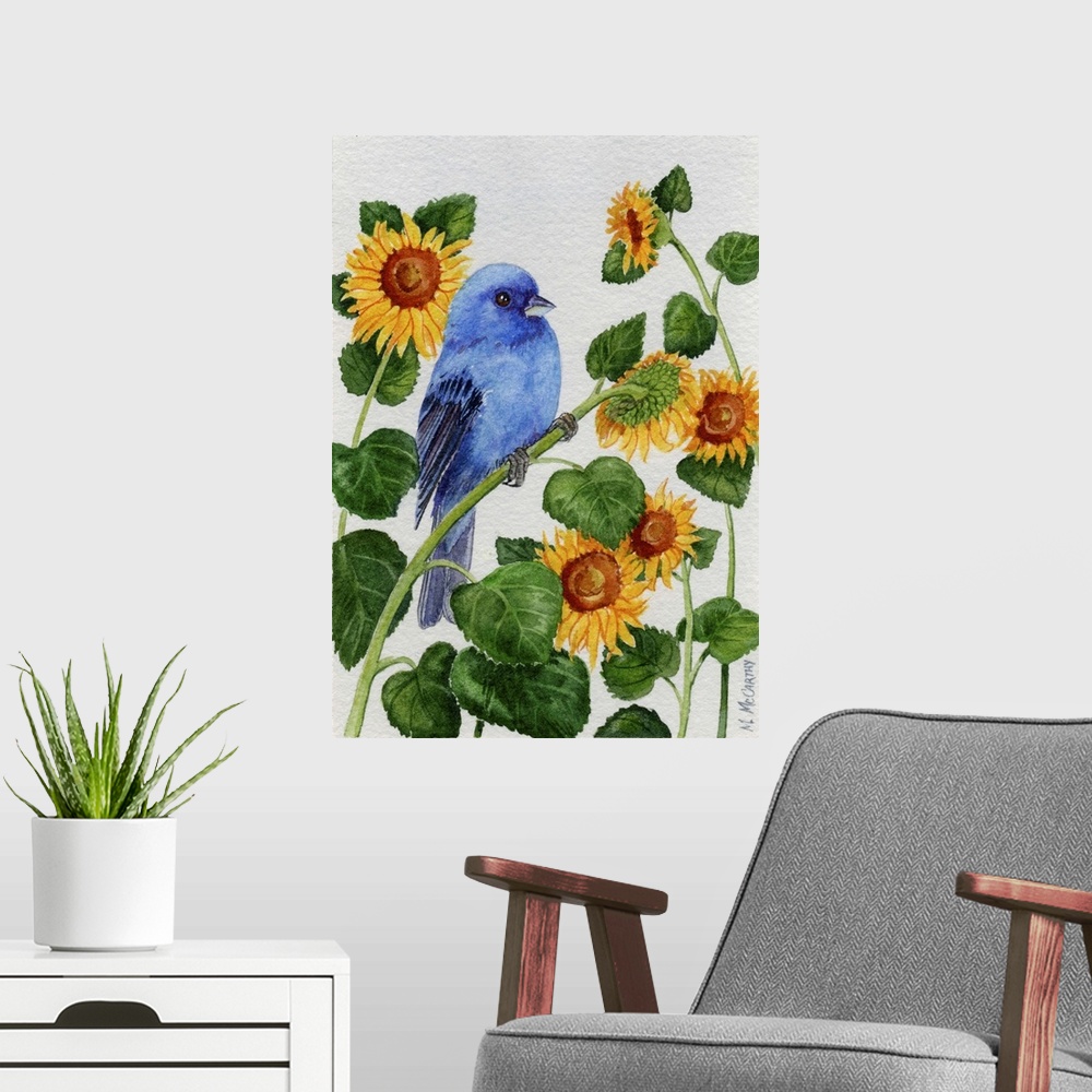A modern room featuring Indigo Bunting and Sunflower