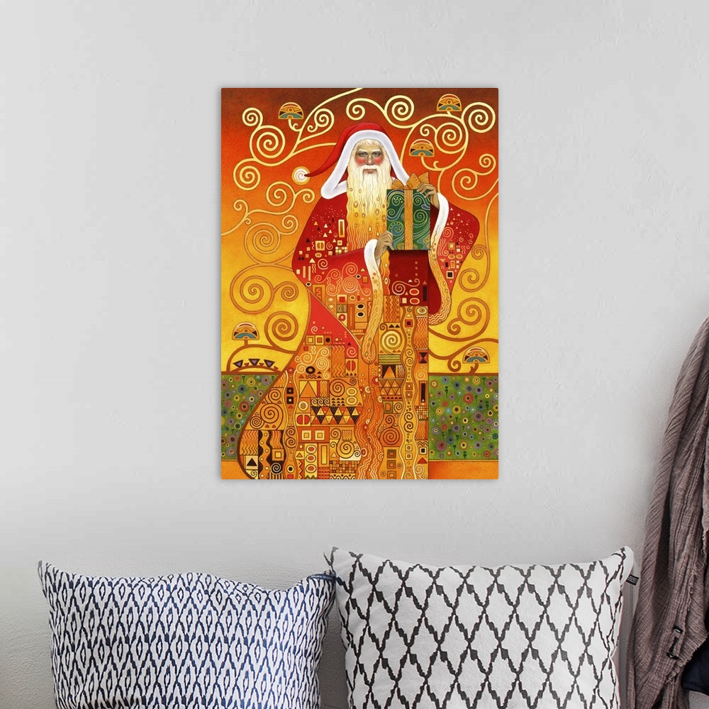 A bohemian room featuring A contemporary painting of Santa Claus holding a gift done in Gustav Klimt's signature style.