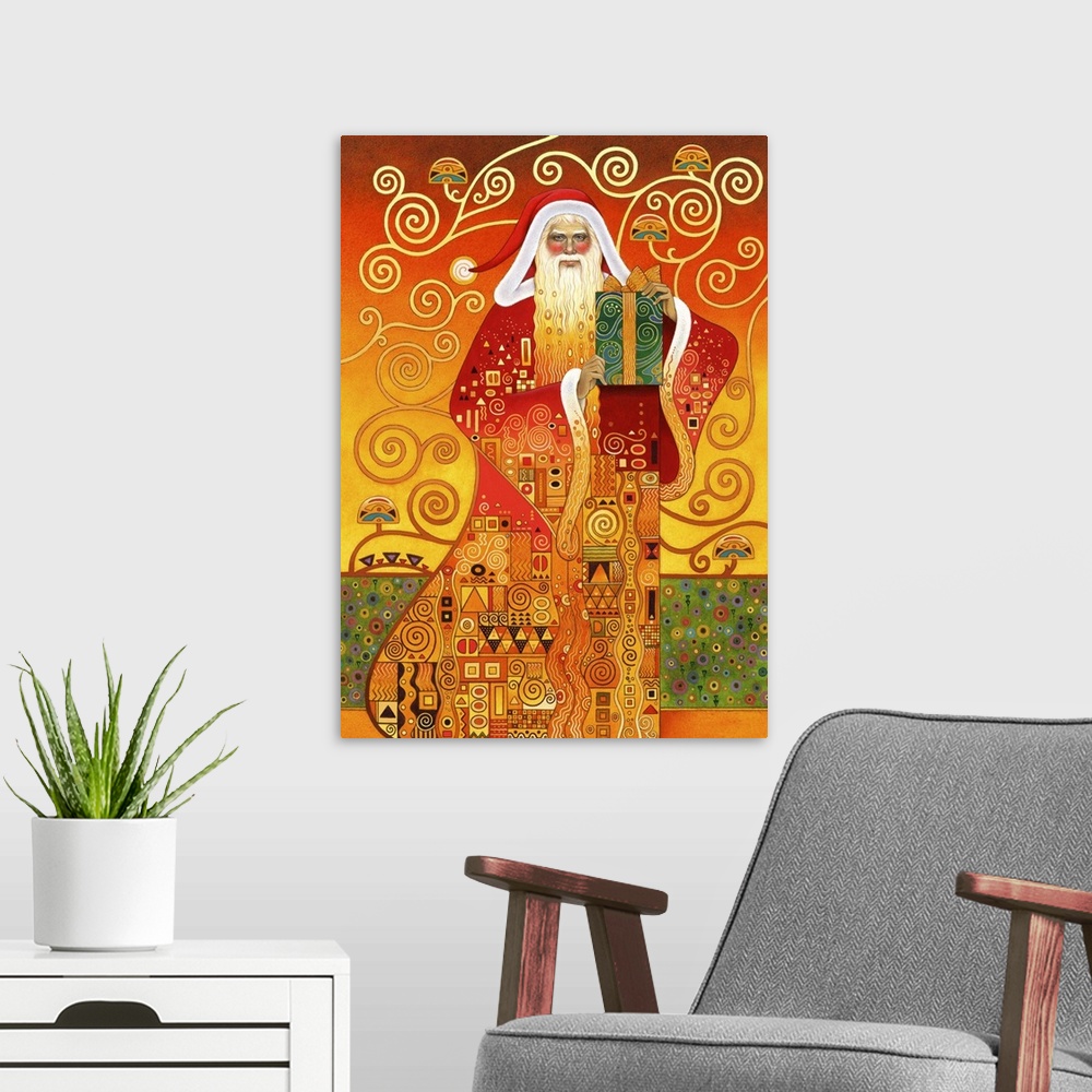 A modern room featuring A contemporary painting of Santa Claus holding a gift done in Gustav Klimt's signature style.