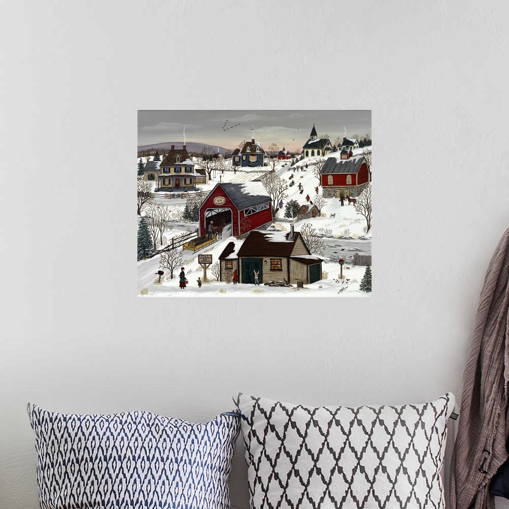 A bohemian room featuring A rural town with barns and a covered bridge in the winter.