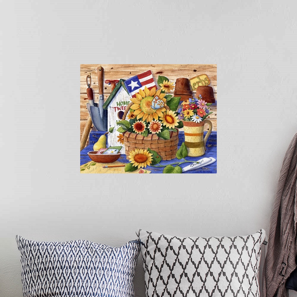 A bohemian room featuring Sunflowers and Flag
