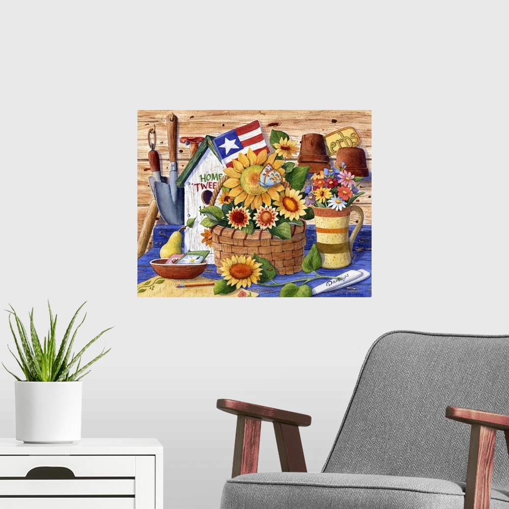 A modern room featuring Sunflowers and Flag