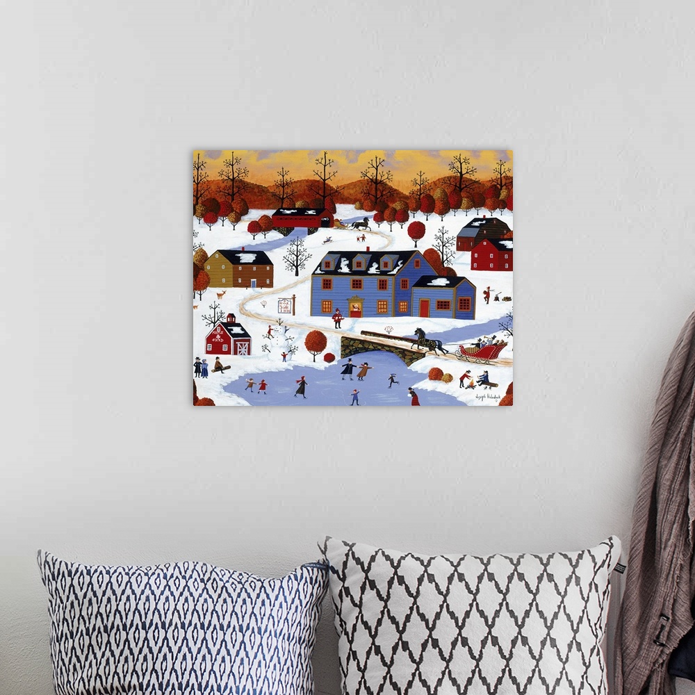 A bohemian room featuring A winter scene in a rural town with children ice skating near a large inn.