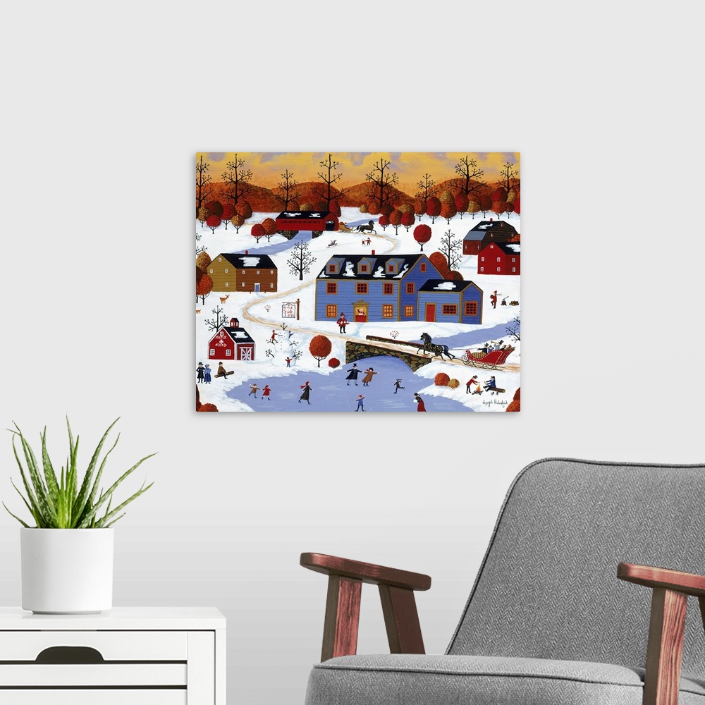 A modern room featuring A winter scene in a rural town with children ice skating near a large inn.
