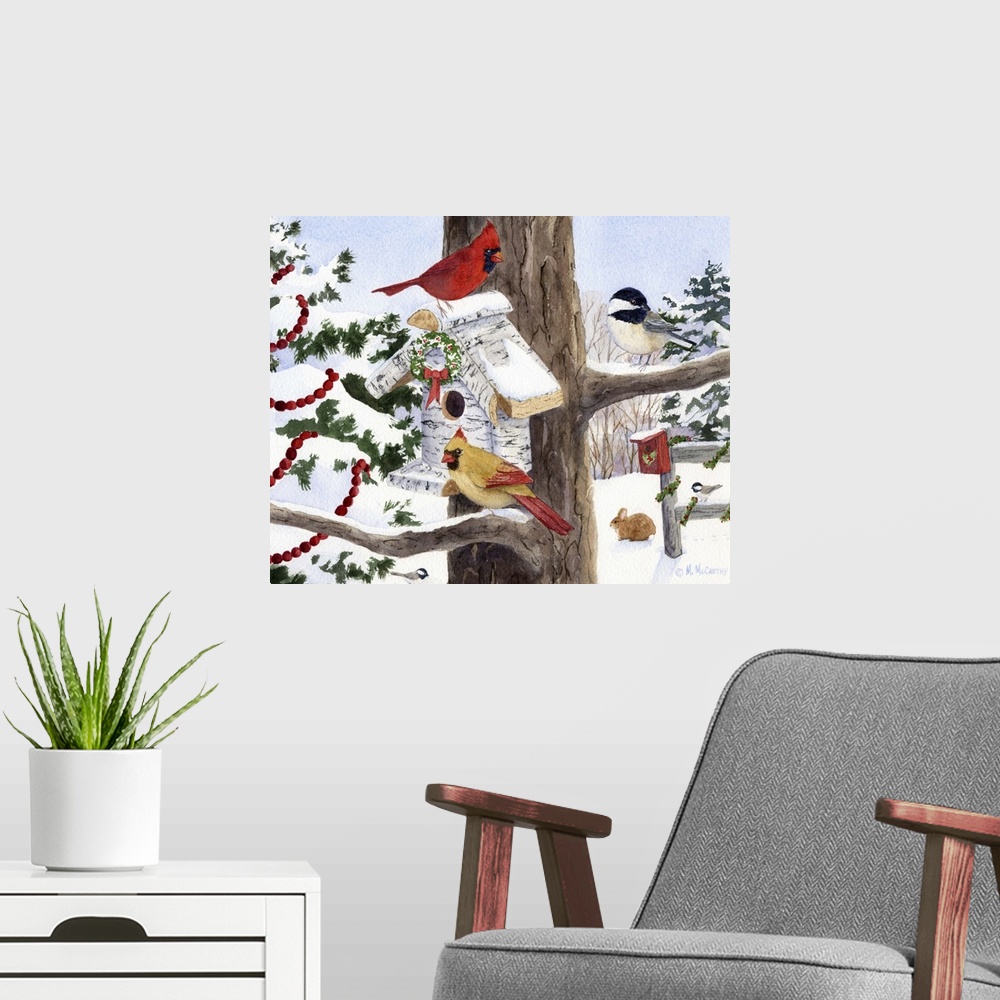 A modern room featuring Winter Birdhouse and Cardinals