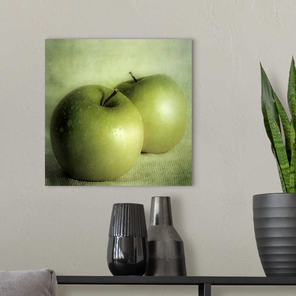 A modern room featuring Square, large wall art of two green apples sitting on a cloth, against a lighter green background.