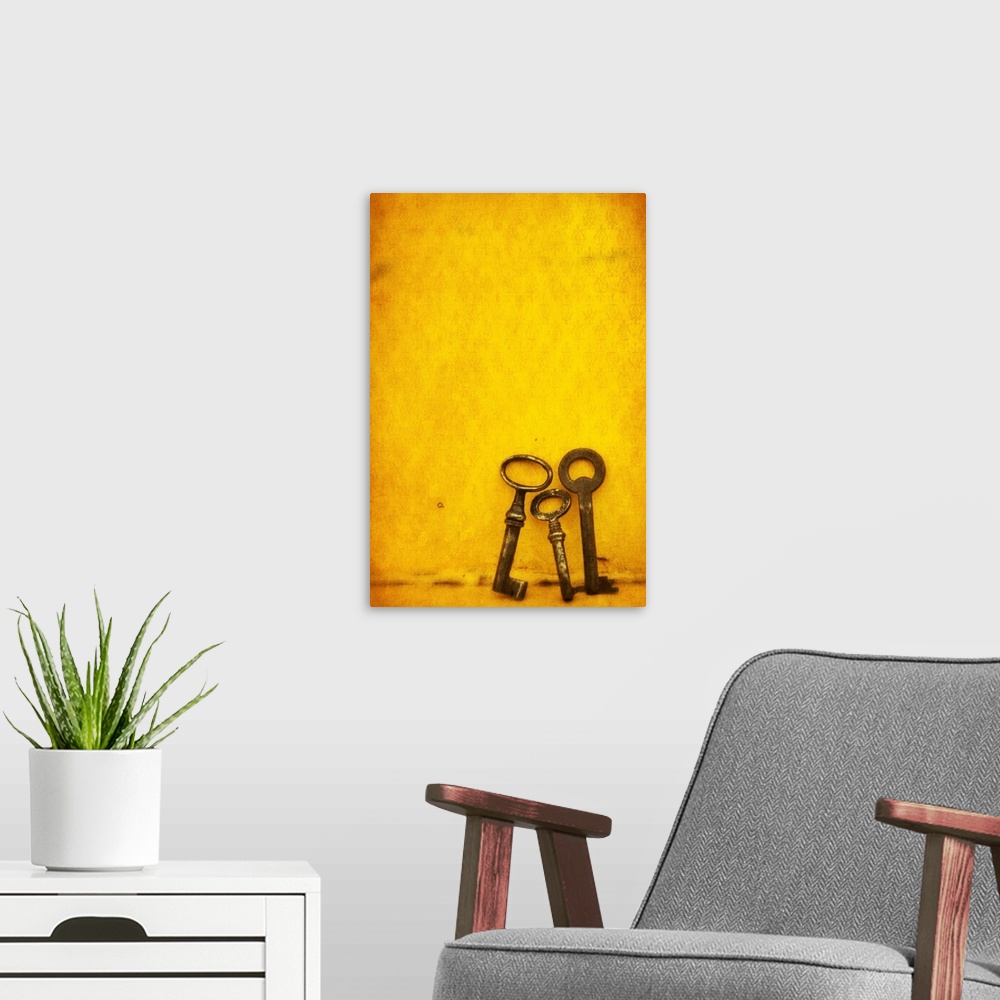A modern room featuring Vertical fine art photograph on a big canvas of three different vintage keys, resting upright tog...