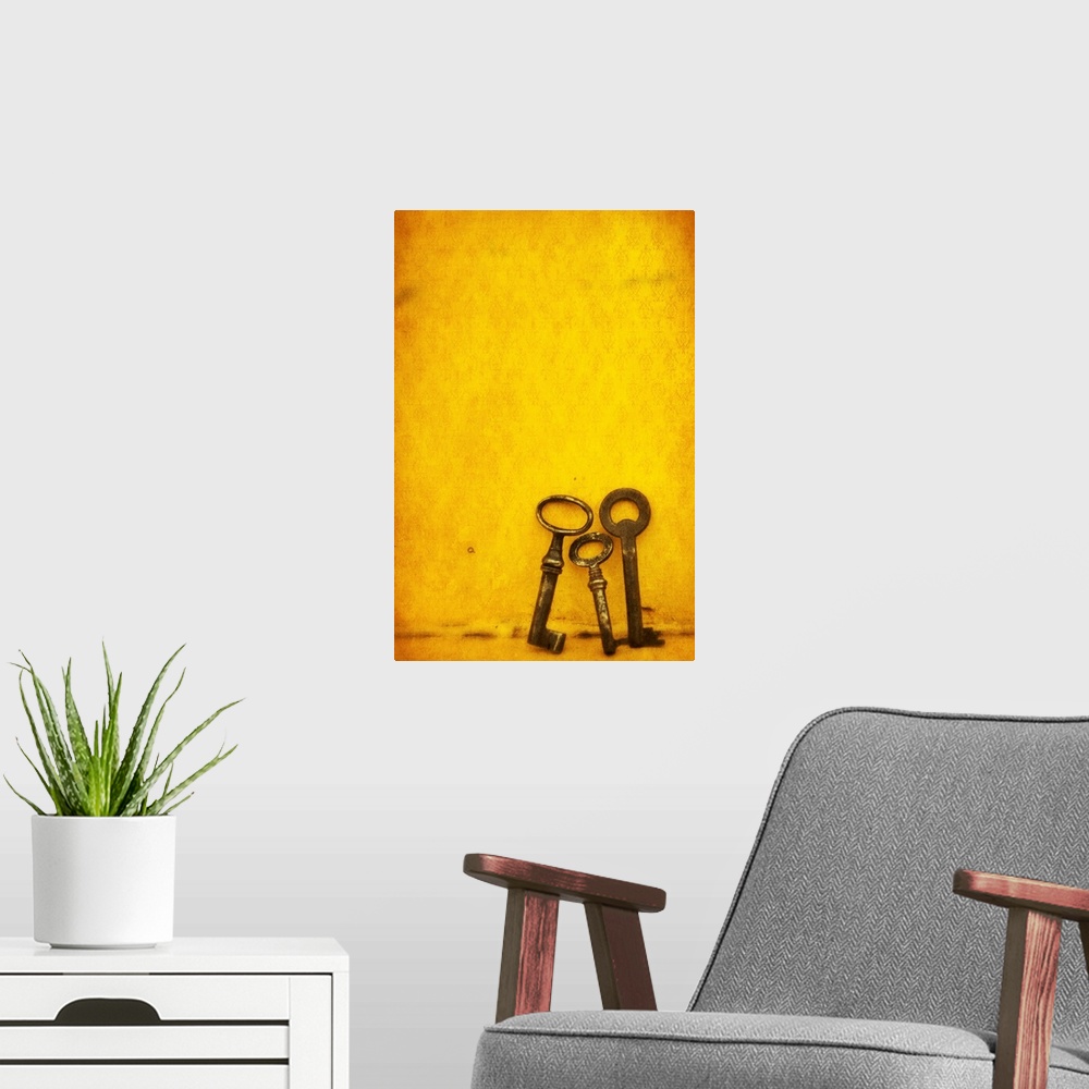 A modern room featuring Vertical fine art photograph on a big canvas of three different vintage keys, resting upright tog...