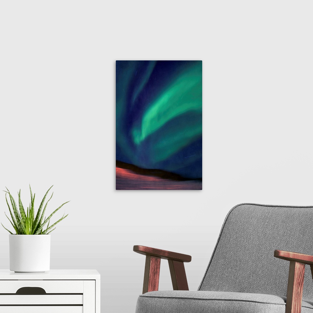 A modern room featuring Long time exposure, Northern lights over the frozen Yukon River, Part of the Yukon Quest Trail. L...
