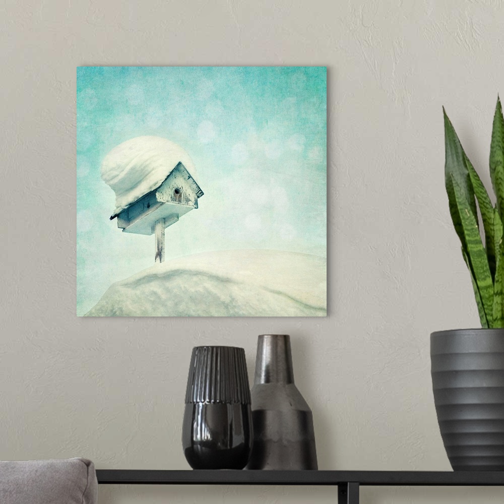 A modern room featuring A birdhouse on a roof, snowcovered.  The term snowbird is used to describe people from the U.S. N...