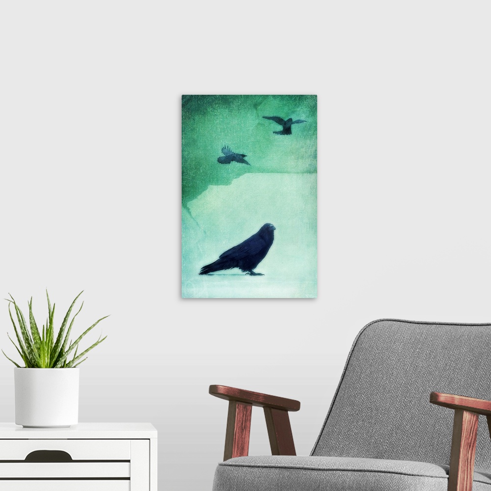 A modern room featuring Spirit Bird (Raven)