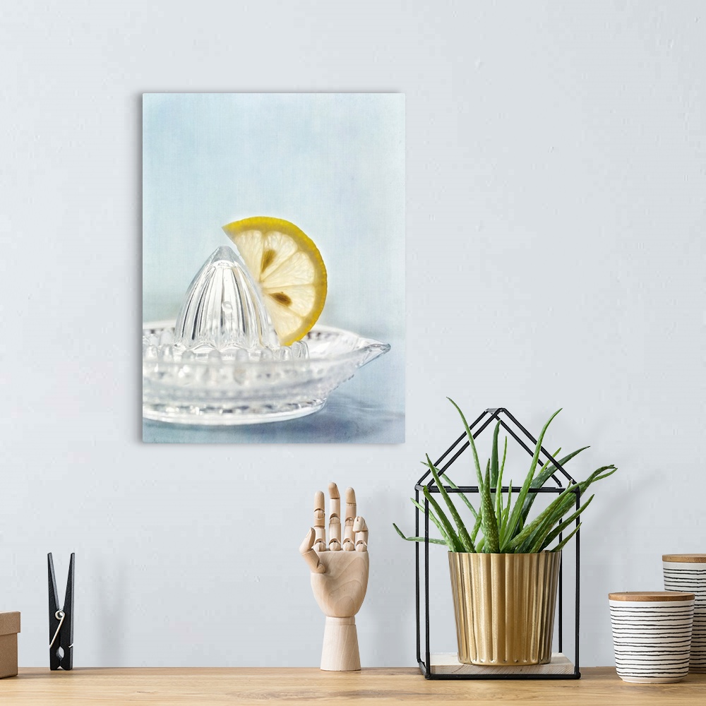 A bohemian room featuring Simple, clean, still life with a slice of a lemon on a squeezer