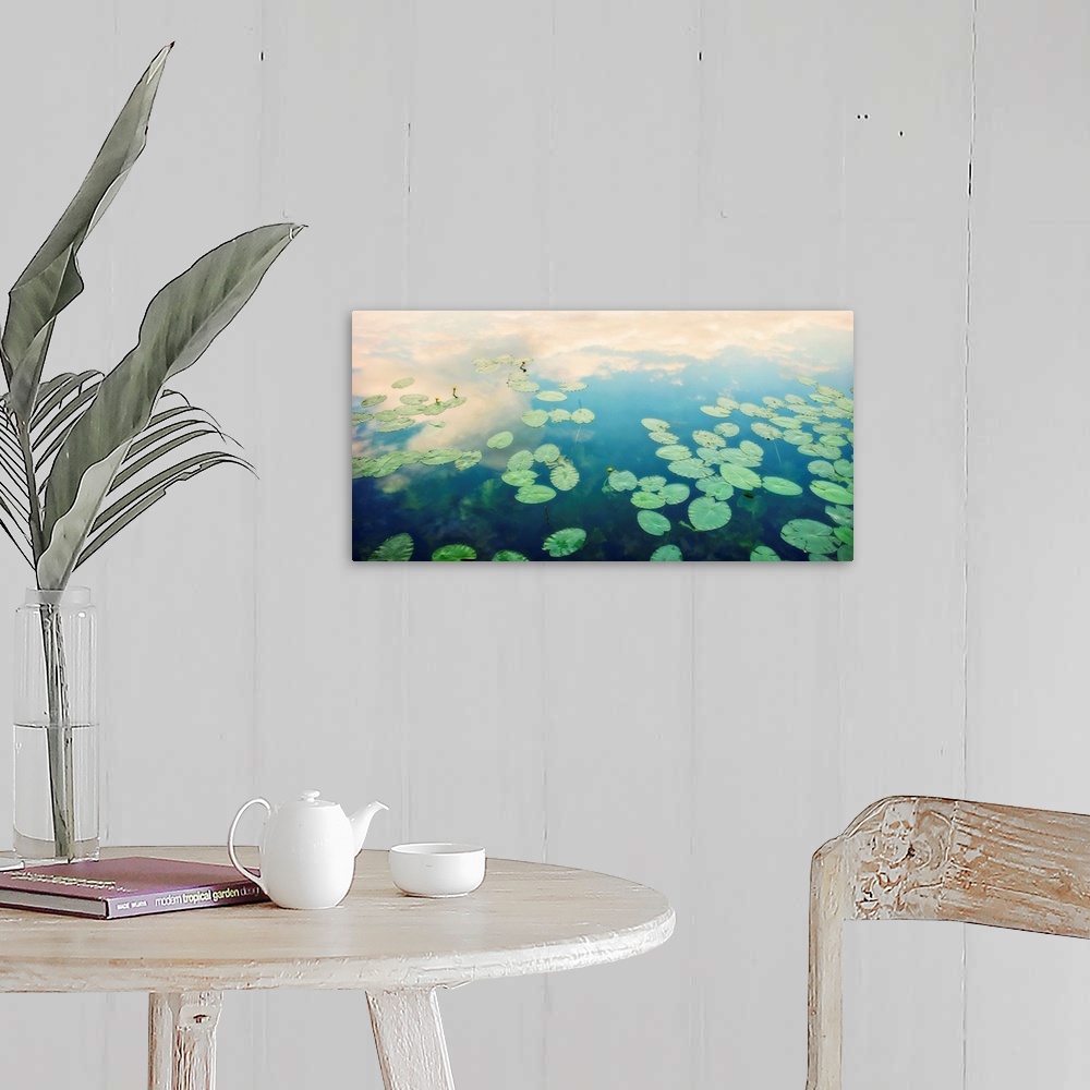 A farmhouse room featuring Still waters run deep - water surface with water lily leaves and reflection of cloud and sky