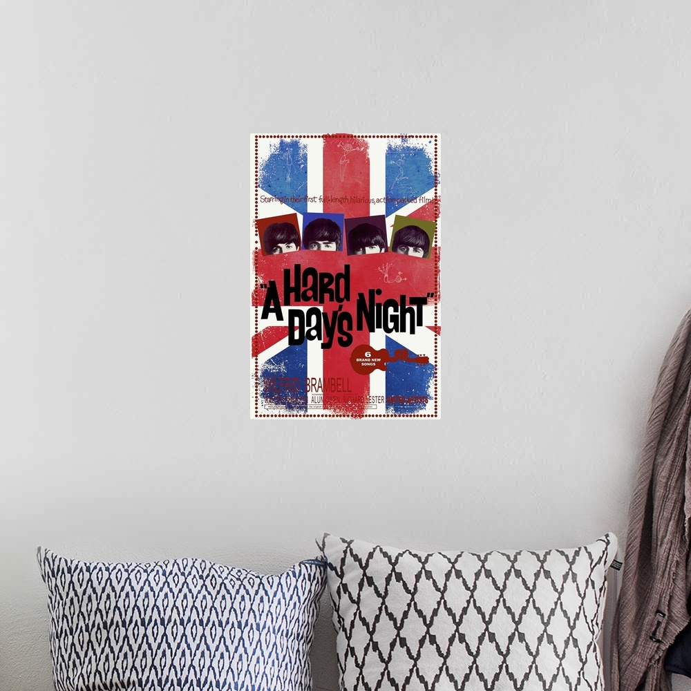 A bohemian room featuring Movie poster for 'A Hard Day's Night' starring The Beatles.