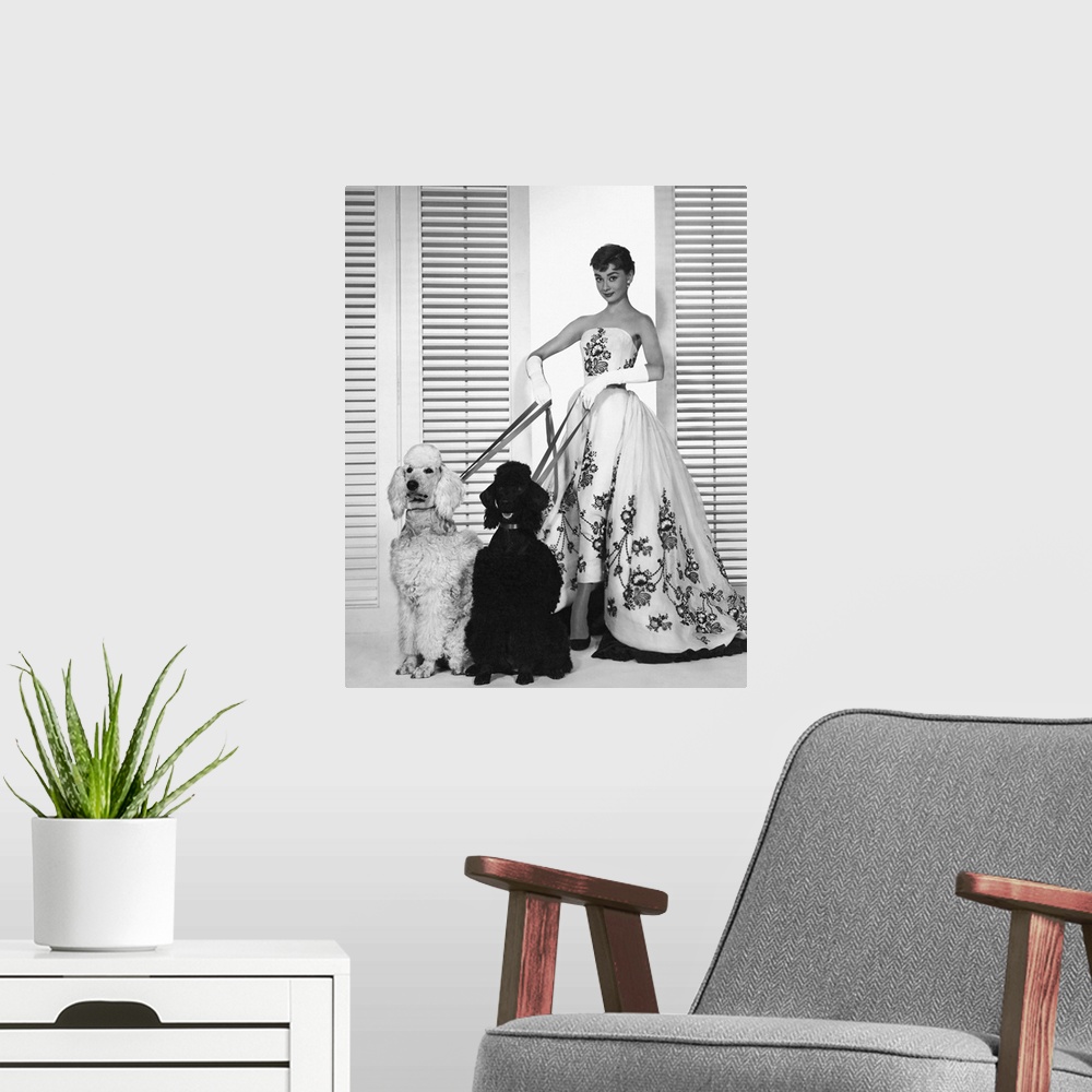 A modern room featuring Wall art of Audrey Hepburn holding the leashes of two dogs.