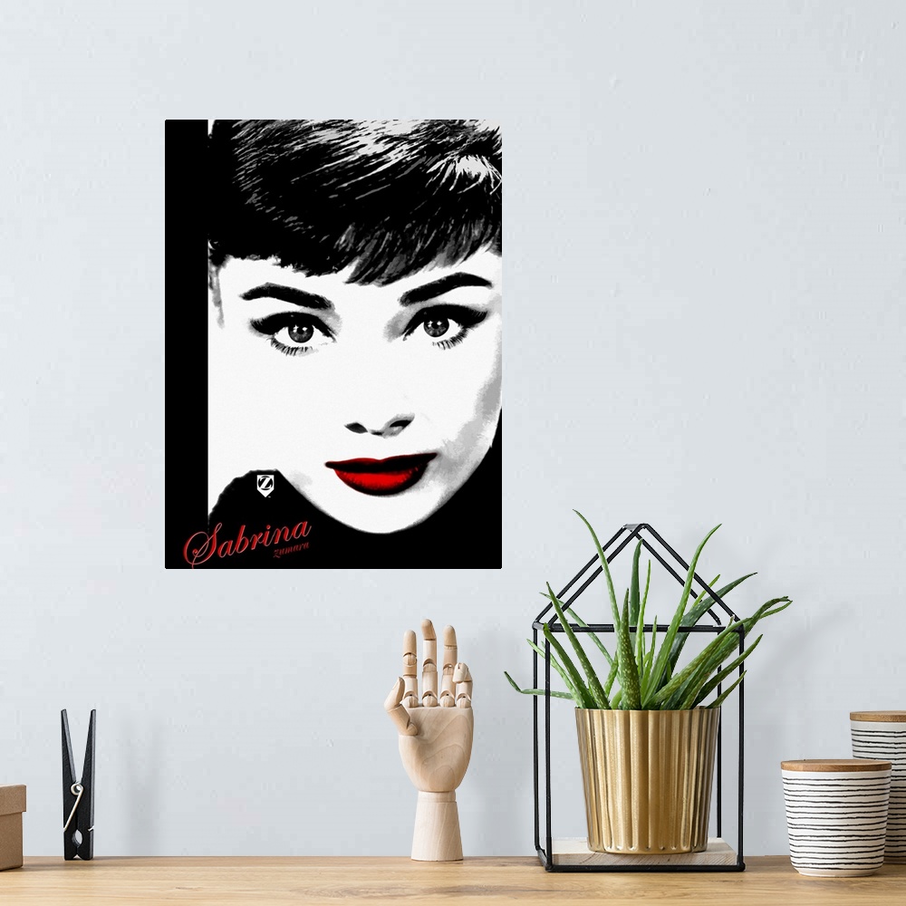 A bohemian room featuring Portrait, large wall hanging of the face of Audrey Hepburn, the only part of the image in color i...