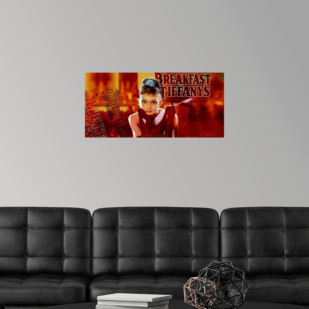 A modern room featuring A panoramic movie poster of Audrey Hepburn's famous pose in Breakfast at Tiffany's. There is a re...