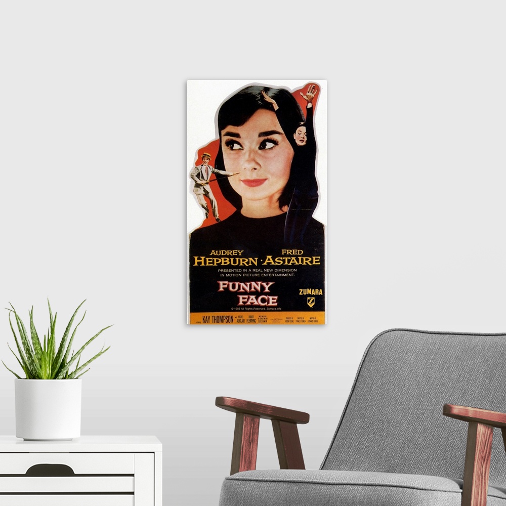 A modern room featuring Audrey Hepburn Funny Face Big Head Poster