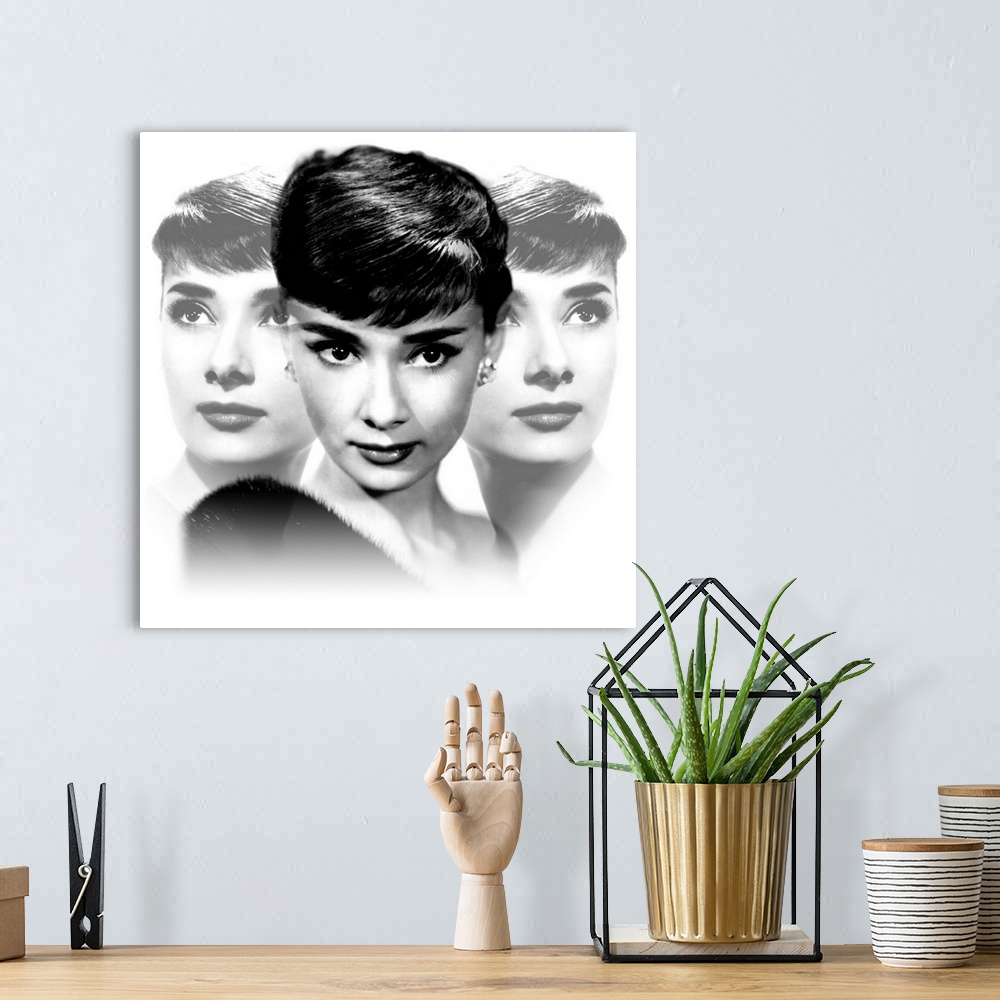 A bohemian room featuring Square photograph of Audrey Hepburn from the shoulders up, mirrored on both sides.