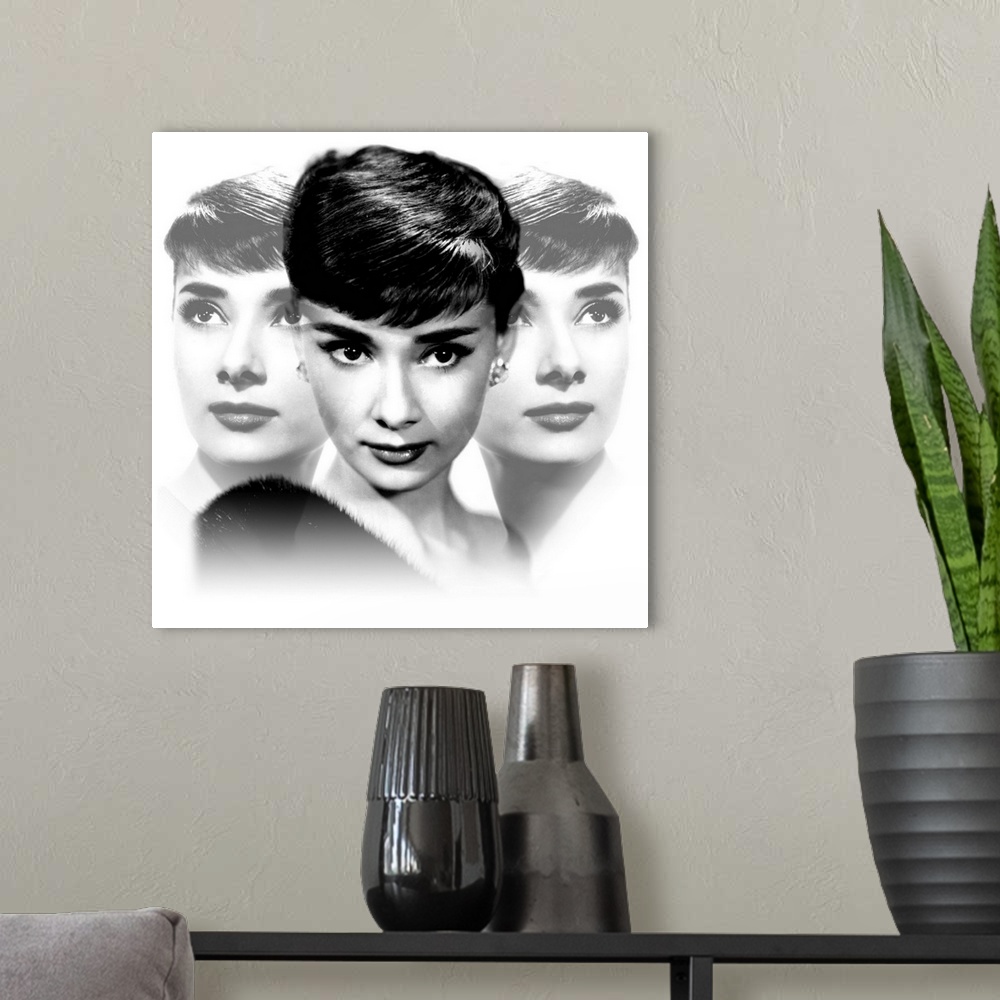 A modern room featuring Square photograph of Audrey Hepburn from the shoulders up, mirrored on both sides.